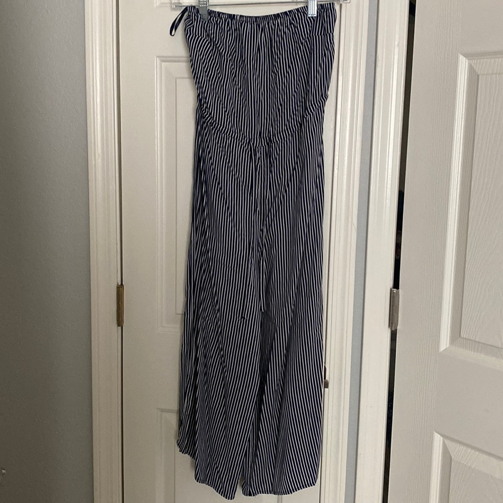 Blue and white striped jumpsuit